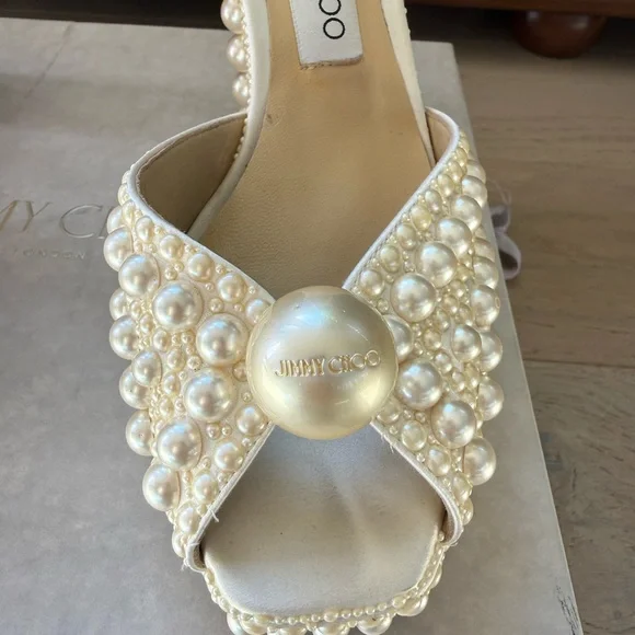 JIMMY CHOO White Satin Pearl Bridal SACARIA 120 Platform Heels 39/8, In Box, A++ - Picture 6 of 16
